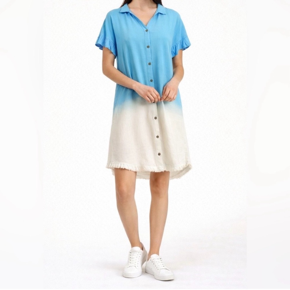 UMGEE U.S.A. Linen-Blend blue and white ombré Shirt Dress size small